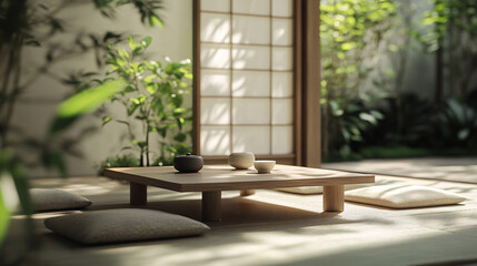 Serene Japanese Tea Ceremony Setup Minimalist Wooden Table Cushions Tea Ware Zen Garden View