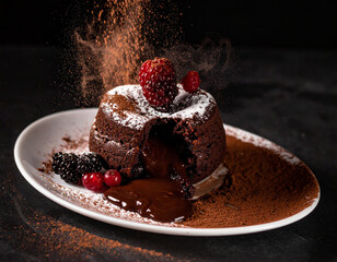 A levitating chocolate lava cake mid-break, molten center pouring outward, with cocoa powder.
