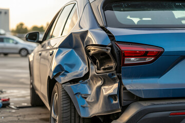 mangled rear quarter panel displaying severe impact damage and torn metal edges