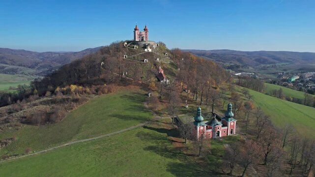 Flying around of The Calvary of Banska Stiavnica, Slovakia, a complex of churches and chapels on Scharfenberg Hill. 2x speeded up from 30 fps.