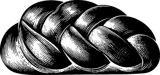 Black and white woodcut of braided challah loaf for print design