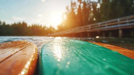 Colorful surfboards gently float on calm waters at sunset, reflecting the serene beauty of nature and the thrill of adventure for surfing enthusiasts.