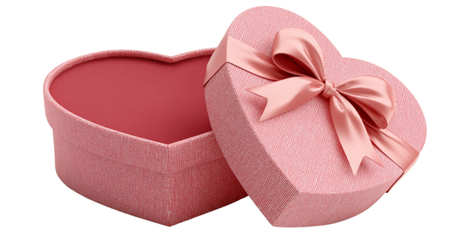 Plush heart-shaped giftbox with satin ribbon, soft texture, 3D illustration, isolated on white, PNG 