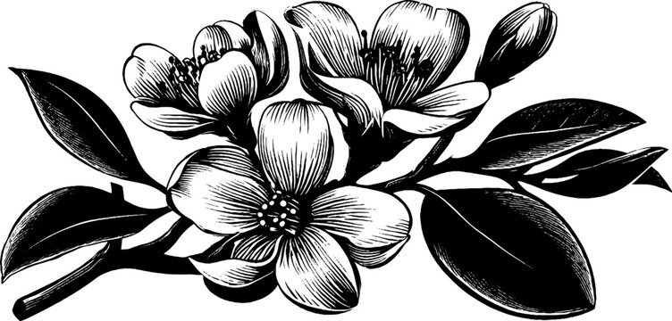 Blooming branch with tiny flowers and curled leaves design for nature-themed prints