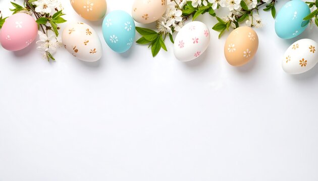 Easter eggs with spring blossoms, and white background.