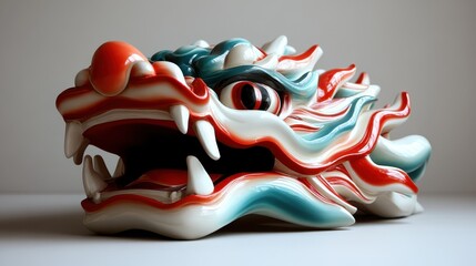 This vibrant dragon head sculpture features a striking design with swirling colors and intricate textures, symbolizing strength and cultural significance in art.