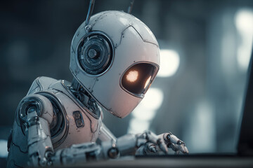 Fototapeta premium Robot using technology smart robot AI, artificial intelligence by enter command prompt for generates something, Ai technology, Artificial Intelligence. Chat with AI 