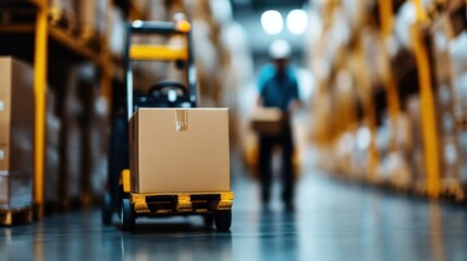 A dynamic scene showcasing a forklift transporting a box through a spacious warehouse, representing the efficiency and organization of modern logistics and supply chain management.