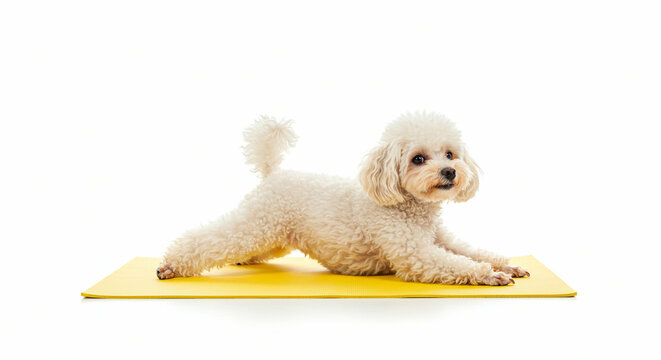 White poodle dog doing yoga on a yellow mat in front of a white background