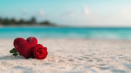 A beautiful red heart and rose are artistically arranged on a sandy beach, capturing a romantic atmosphere perfect for love and connection in a serene coastal setting.