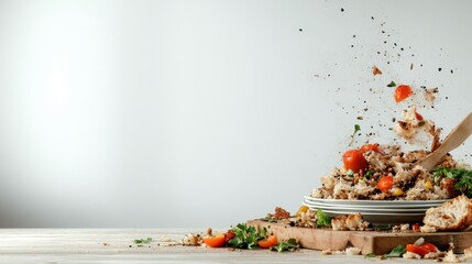 A visually striking image of food exploding from a plate showcases culinary creativity and energy, embodying the excitement and joy of gourmet dining experiences.