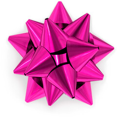 A shiny pink decorative bow, commonly used for gift wrapping, featuring a star-like shape with pointed tips.