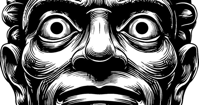 Intricate black and white ceremonial mask with hollow eyes design for decoration