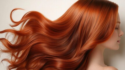 Fototapeta premium A young Caucasian woman with long, flowing red hair. The hair cascades elegantly, showcasing its vibrant color and smooth texture.