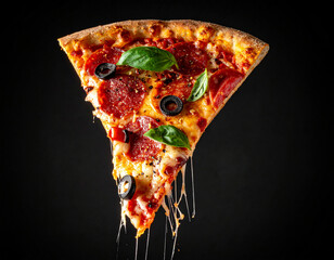 A pizza slice pulled mid-air with melted cheese stretching in strands, toppings suspended.
