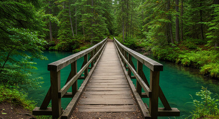 Obraz premium Wooden bridge spans turquoise river amidst dense green forest