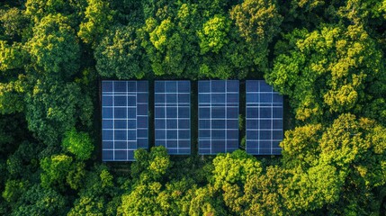 Solar panels amidst lush green forest. Aerial view