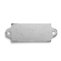 A blank metal tag with two holes, often used for labeling or identification purposes.