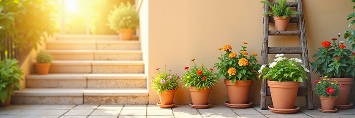 Wooden ladder with flower pots creating charming outdoor garden scene in the sunlight with copy space