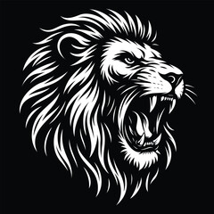 Roaring Lion Head Vector Illustration with Flowing Mane in Black and White
