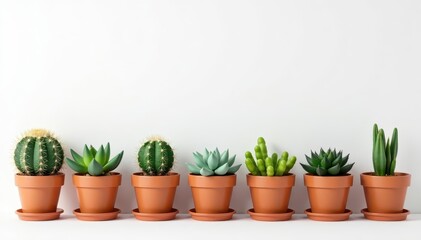 Fototapeta premium Assorted small cacti and succulents in individual pots on white, brown, background, studio