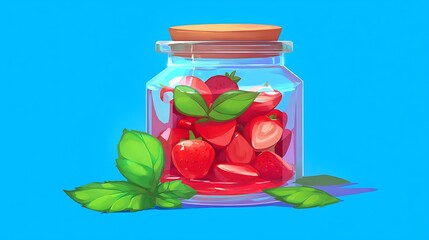 Glass jar filled with sliced strawberries