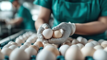 A worker gently handles eggs in a food production facility, emphasizing the care and precision involved in egg selection for quality assurance and food safety.