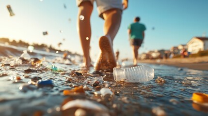 Individuals walk along a beach littered with plastic debris, highlighting the environmental issues caused by pollution and the need for greater awareness and action.