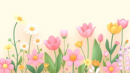 Whimsical Spring Flowers A Stunning Illustration of Pastel Tulips and Daisies