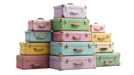 Floating 3D render of stacked luggage in bright pastel colors, travel concept, white background, PNG 
