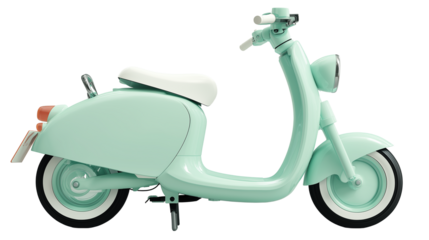 Electric scooter in soft mint green color, modern 3D style, shadowed base, white background, PNG