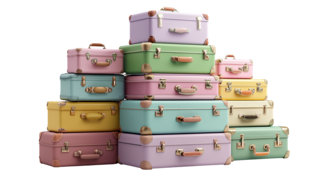 Floating 3D render of stacked luggage in bright pastel colors, travel concept, white background, PNG  - Powered by Adobe