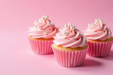 Delicate pink frosted cupcakes, adorned with pearls, on a pink background , whipped cream, party, pearls