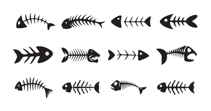 Fish bone icon on white background. fish skeleton sign. fishbone symbol. flat style. Silhouette fish vector icon, vector illustration eps 10.