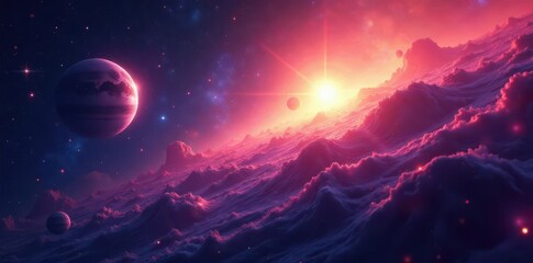 Abstract cosmic nebula, vibrant planets, glowing sun , majestic, universe