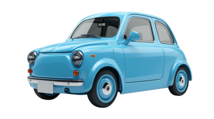 Cute compact blue city car, soft round edges, 3D render, isolated on white, suitable for mobile game icon, PNG