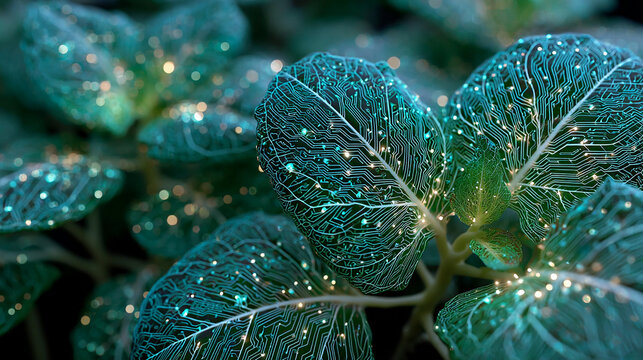 Glowing leaves with intricate circuit patterns nature meets technology