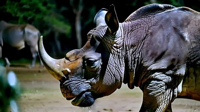 Close up of Black rhinoceros (Diceros bicornis) at night in Tsavo National Park, Kenya. High sensitivity camera.
