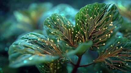 Glowing circuit lines on green leaves nature technology fusion