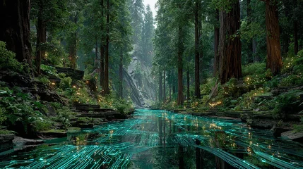 Keuken achterwand Bosweg Enchanting forest stream glowing with digital pathways nature and technology unite  © Hasibul