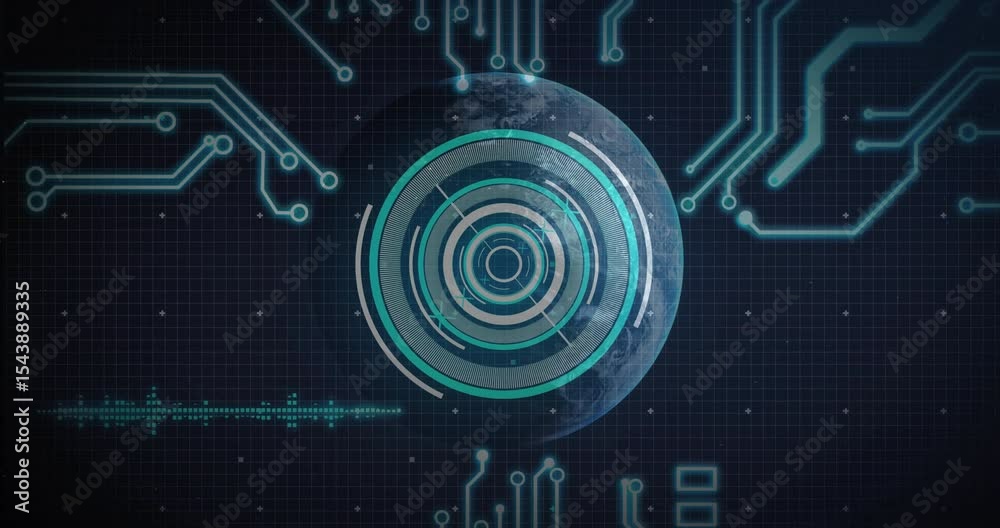 Poster animation opening grid, earth hud rings rotating scanning data, waveform pulsing, code scrolling