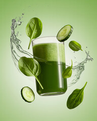 a green detox juice with spinach leaves and cucumber slices in dynamic motion
