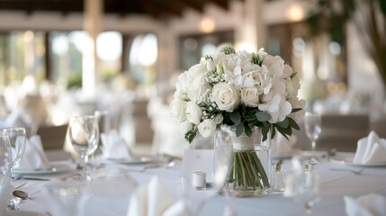 A stunning bouquet of white roses and orchids complements the elegant table setting, ideal for weddings and formal events, radiating beauty and grace for any occasion.