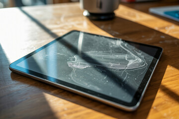 overheated tablet display with warped screen and heat damage marks