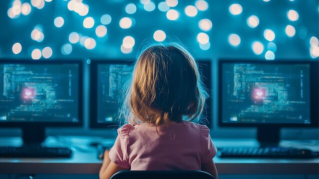 A young girl looking at three computer monitors displaying intricate data visualizations, in a futuristic setting. The scene evokes curiosity, wonder, and the exploration of technology