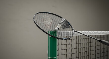 A graphite badminton racket resting on net post