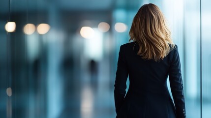 Fototapeta premium A business woman confidently walks away in a modern office setting, embodying determination and professionalism as she prepares for the challenges ahead.