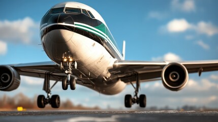 Naklejka premium A powerful view of an airplane taking off against a dynamic sky underscores human ingenuity and the thrill of travel, fascinating aviation enthusiasts and dreamers alike.