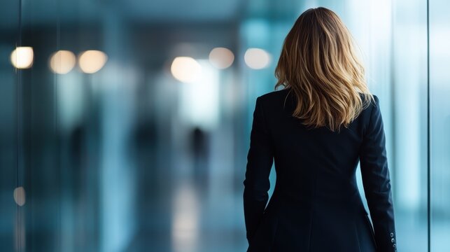 A business woman confidently walks away in a modern office setting, embodying determination and professionalism as she prepares for the challenges ahead.
