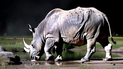 Black rhinoceros (Diceros bicornis) arrive to water hole and take a drink at night in Tsavo National Park, Kenya. High sensitivity camera.
